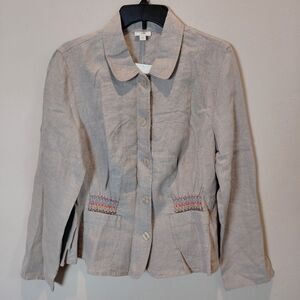 J Jill Linen Button Up Collared Lightweight Blazer Top w Smocked Waist In Back